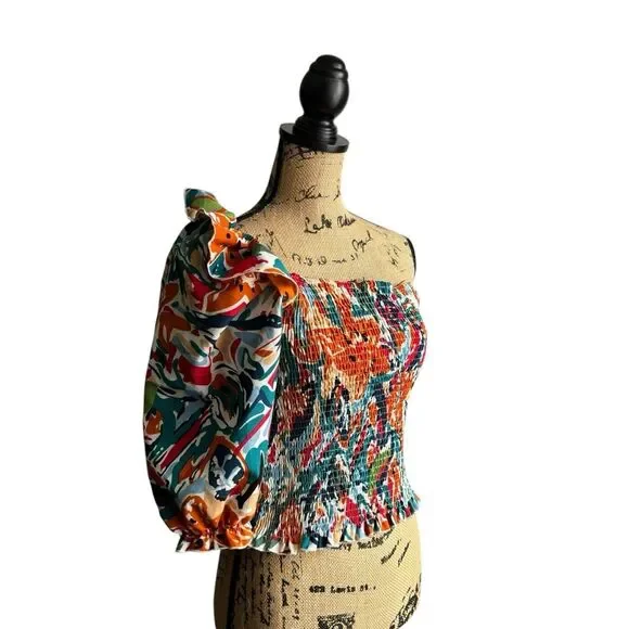 SHEIN Allover Print Ruffle One Shoulder Puff Sleeve Top XL NWOT - Picture 3 of 11